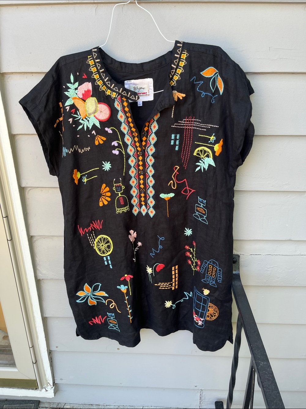 Johnny Was Black Embroidered Short-Sleeve Tunic with Multicolor Floral Motifs